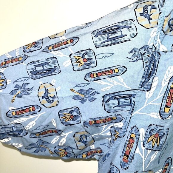OP Sport Tiki Print Shirt Mens Size Large L Vintage Button Up Pure Cotton Blue - Picture 8 of 11